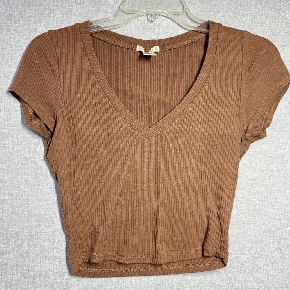 Bozzolo Shirt Juniors Small Brown V Neck Ribbed Knit Cropped Tee Top Stretch‎